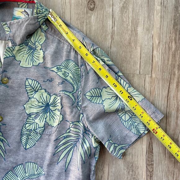 Tommy Bahama Men 100% Silk Hawaiian Shirt Medium Gray Blue Marlin Floral Print - Picture 6 of 10